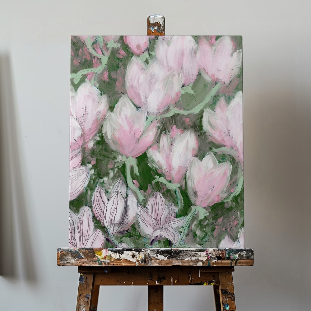 Gemälde blassrosa Magnolienblüten zwischen grünen Blättern