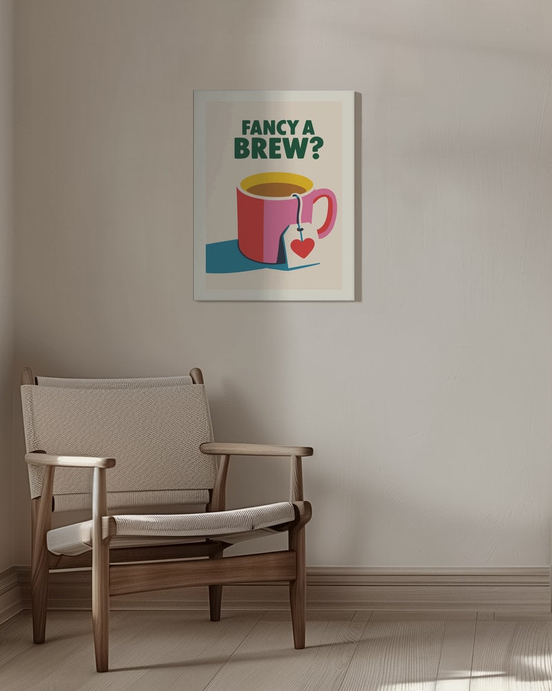 Illustration einer roten Tasse mit Teebeutel und Herzanhänger, Schriftzug Fancy a Brew