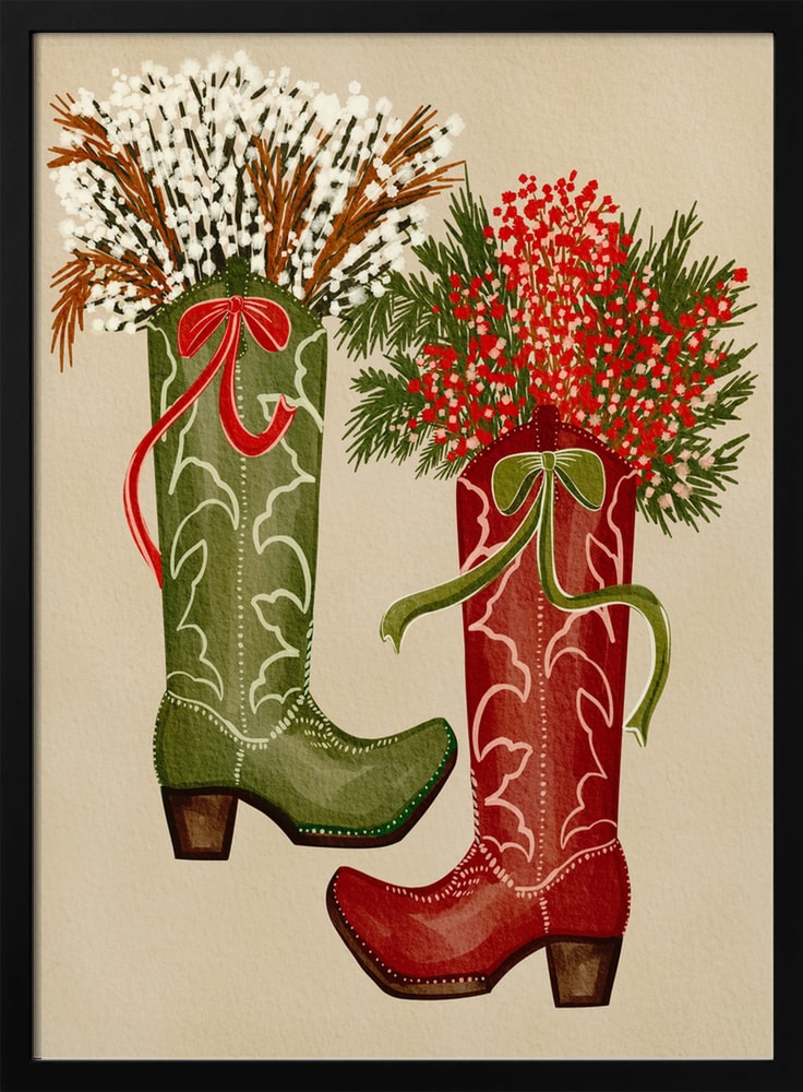 Illustration eines grünen und eines roten Cowboystiefels mit Beeren, Zweigen und Schleifen
