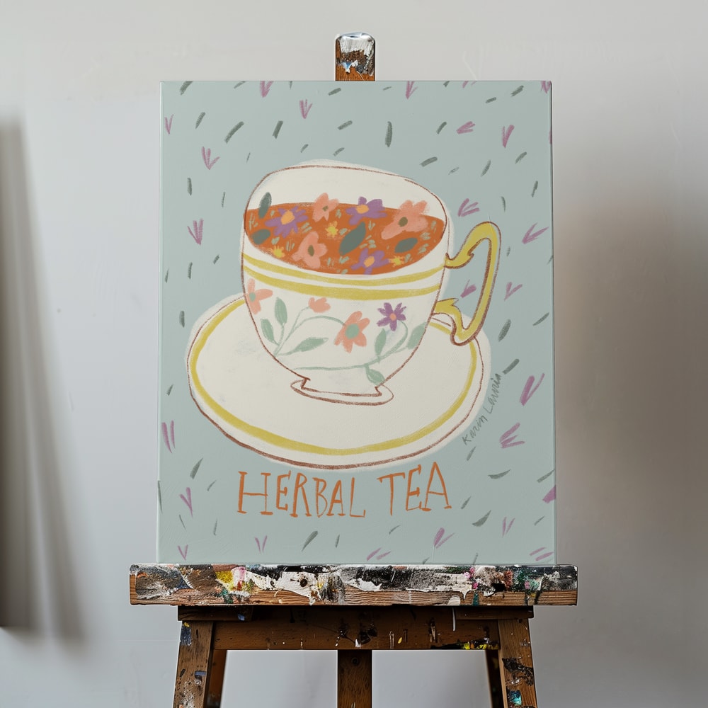 Illustration einer verzierten Tasse mit Blütentee und Schriftzug Herbal Tea auf mintfarbenem Hintergrund