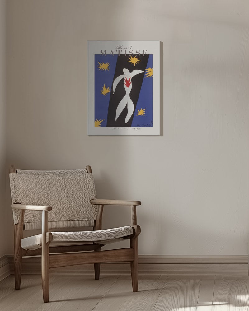 Ausstellungsplakat Henri Matisse mit weißer Ikarus-Figur und gelben Sternen auf Blau, grauer Schriftzug