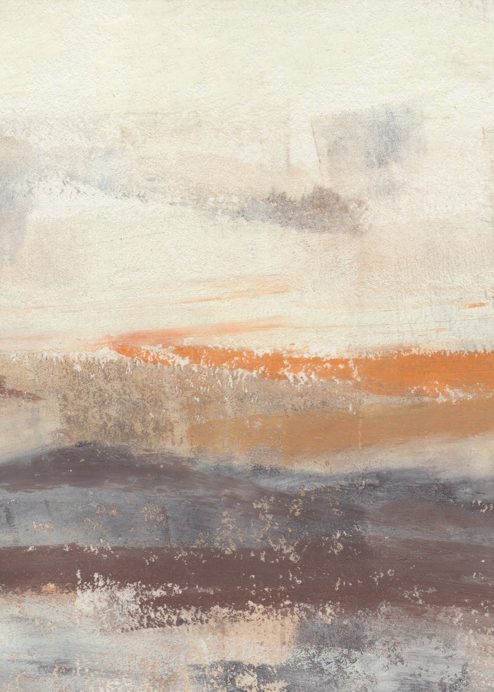 Abstrakte Malerei mit horizontalen Pinselstrichen in Creme, Taupe, Orange und Pflaume
