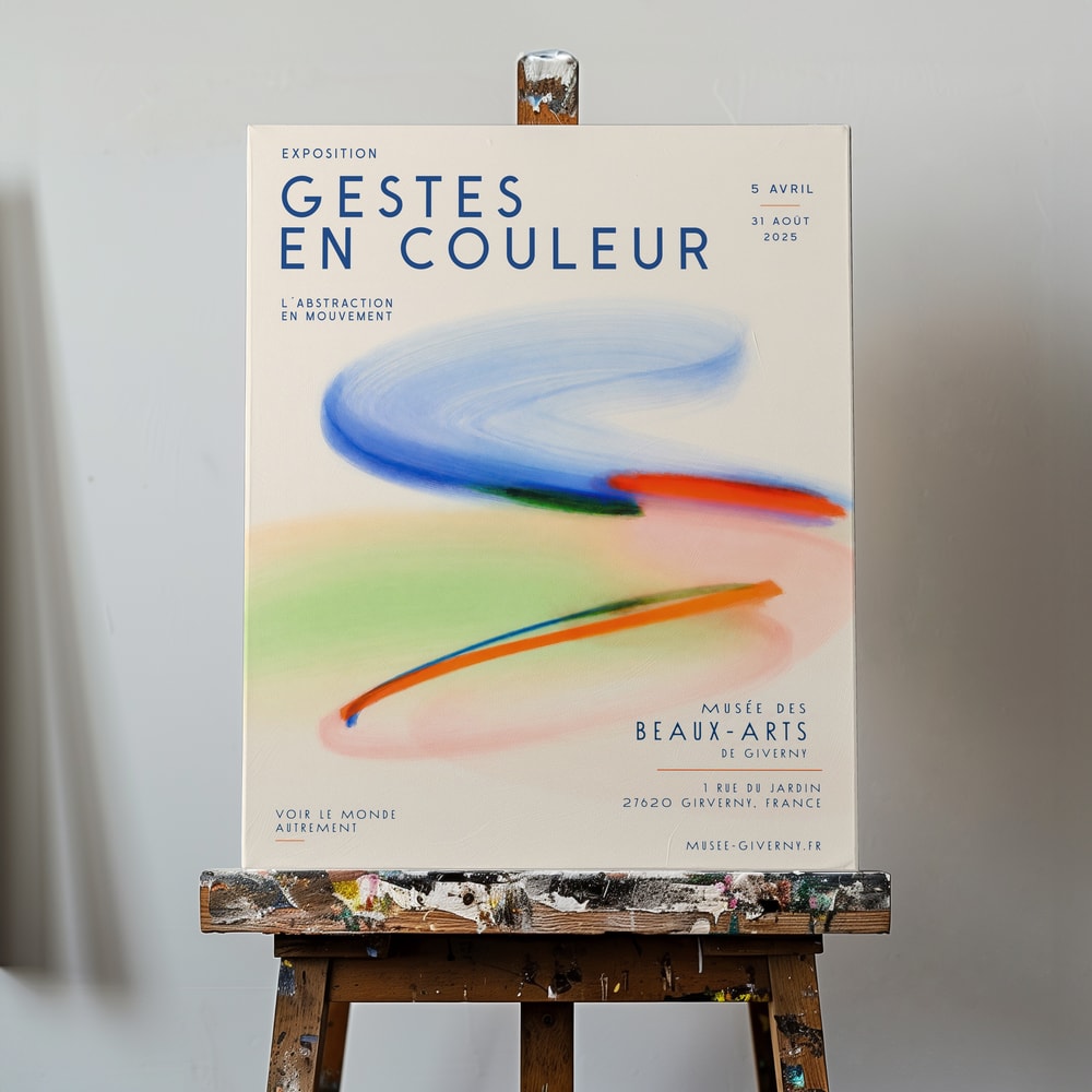 Ausstellungsplakat Gestes en Couleur mit schwungvollen Pinselstrichen in Blau, Orange und Grün
