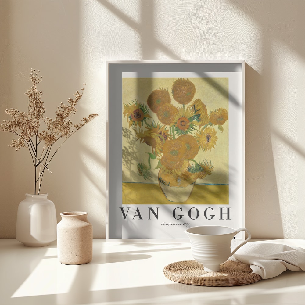 Ausstellungsplakat Vincent van Gogh mit dem Gemälde Sonnenblumen, Schriftzug unten