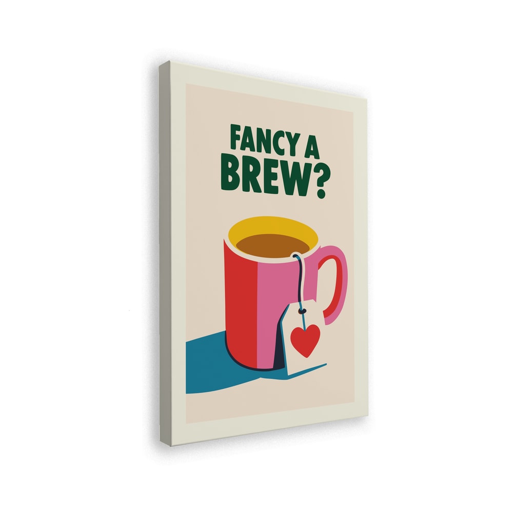 Illustration einer roten Tasse mit Teebeutel und Herzanhänger, Schriftzug Fancy a Brew