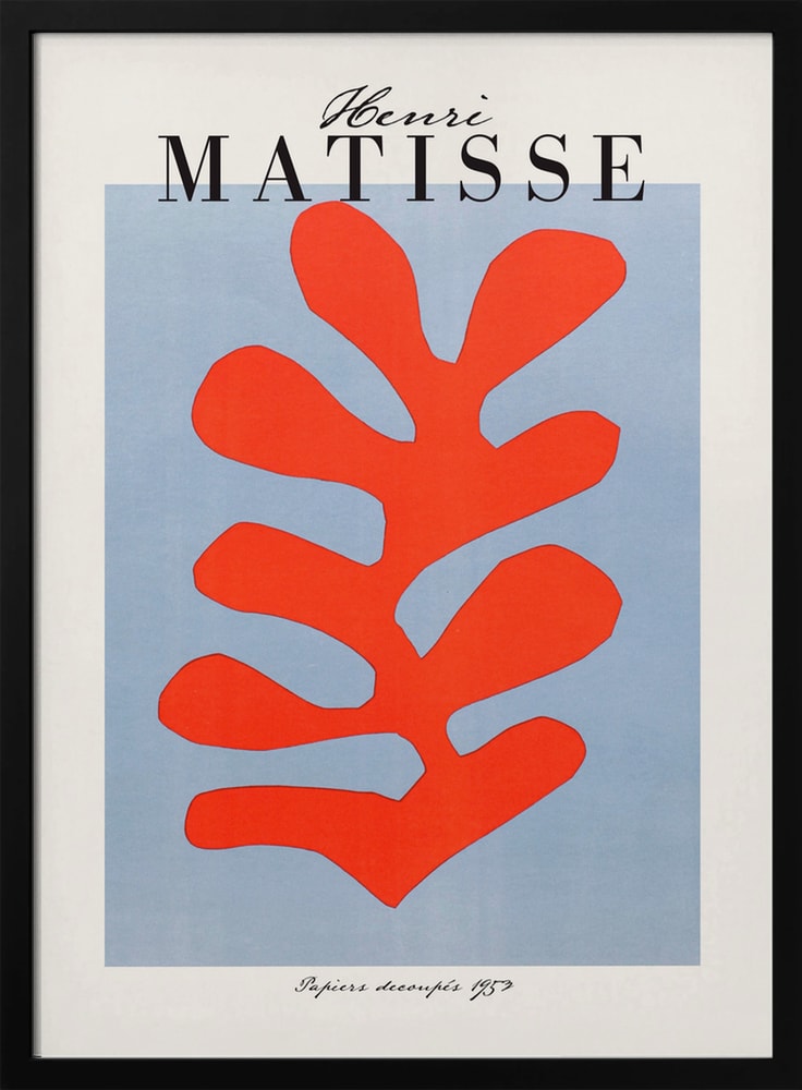 Ausstellungsplakat Henri Matisse mit korallenrotem Scherenschnitt-Blatt auf hellblauem Grund, schwarzer Schriftzug