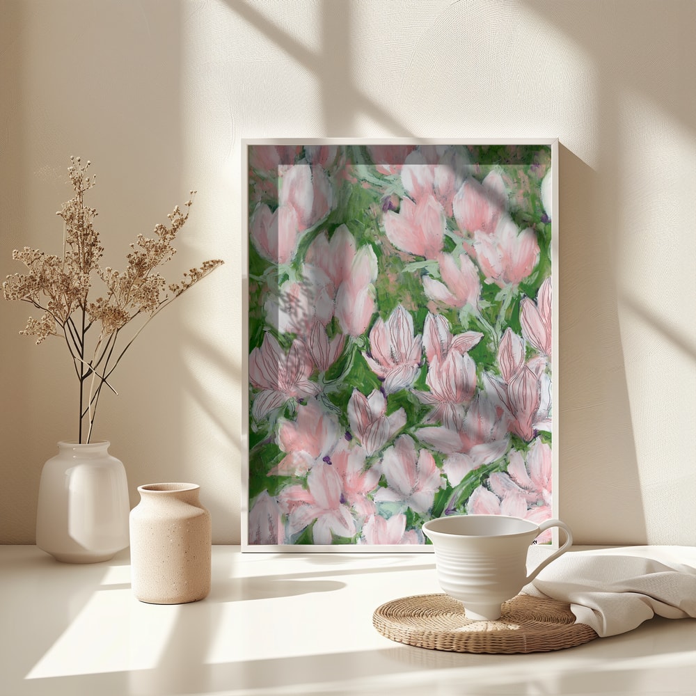 Gemälde vieler rosa Blüten auf grünem Hintergrund