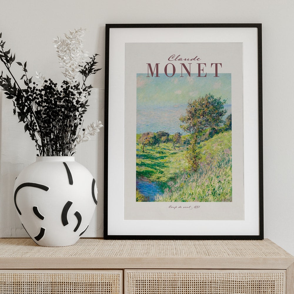 Ausstellungsplakat Claude Monet mit dem Gemälde Windstoß, Schriftzug in Mauve