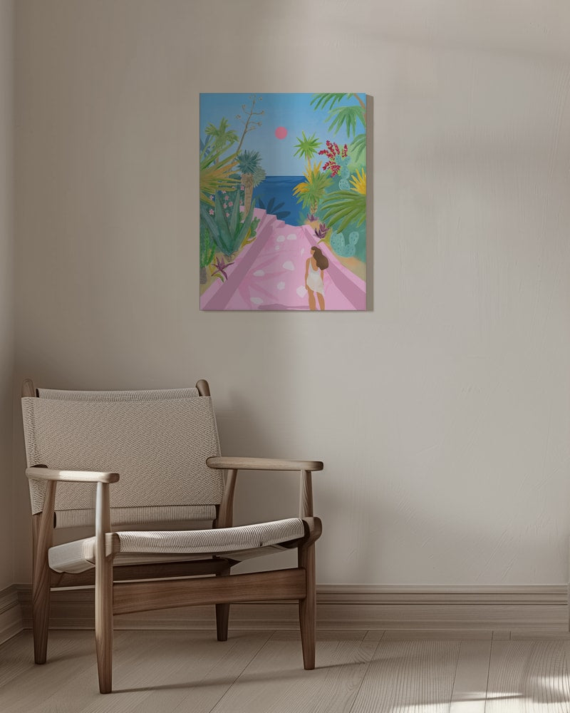 Illustration eines rosa Wegs zwischen tropischen Pflanzen zum blauen Meer mit Frau im weißen Kleid