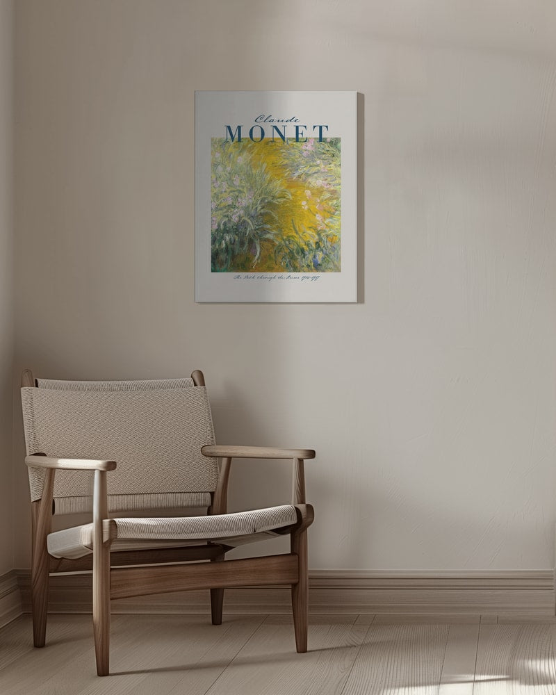 Ausstellungsplakat Claude Monet mit dem Gemälde Der Weg durch die Iris, blauer Schriftzug