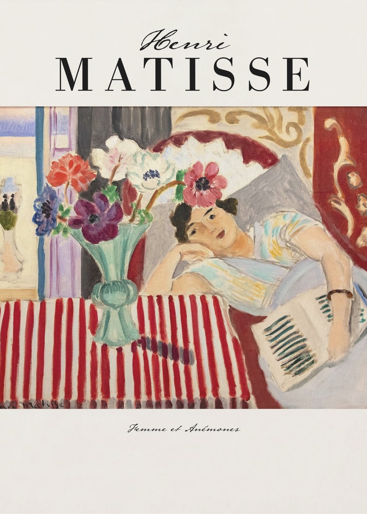 Ausstellungsplakat Henri Matisse mit Frau neben einer Vase mit Anemonen in einem bunten Interieur