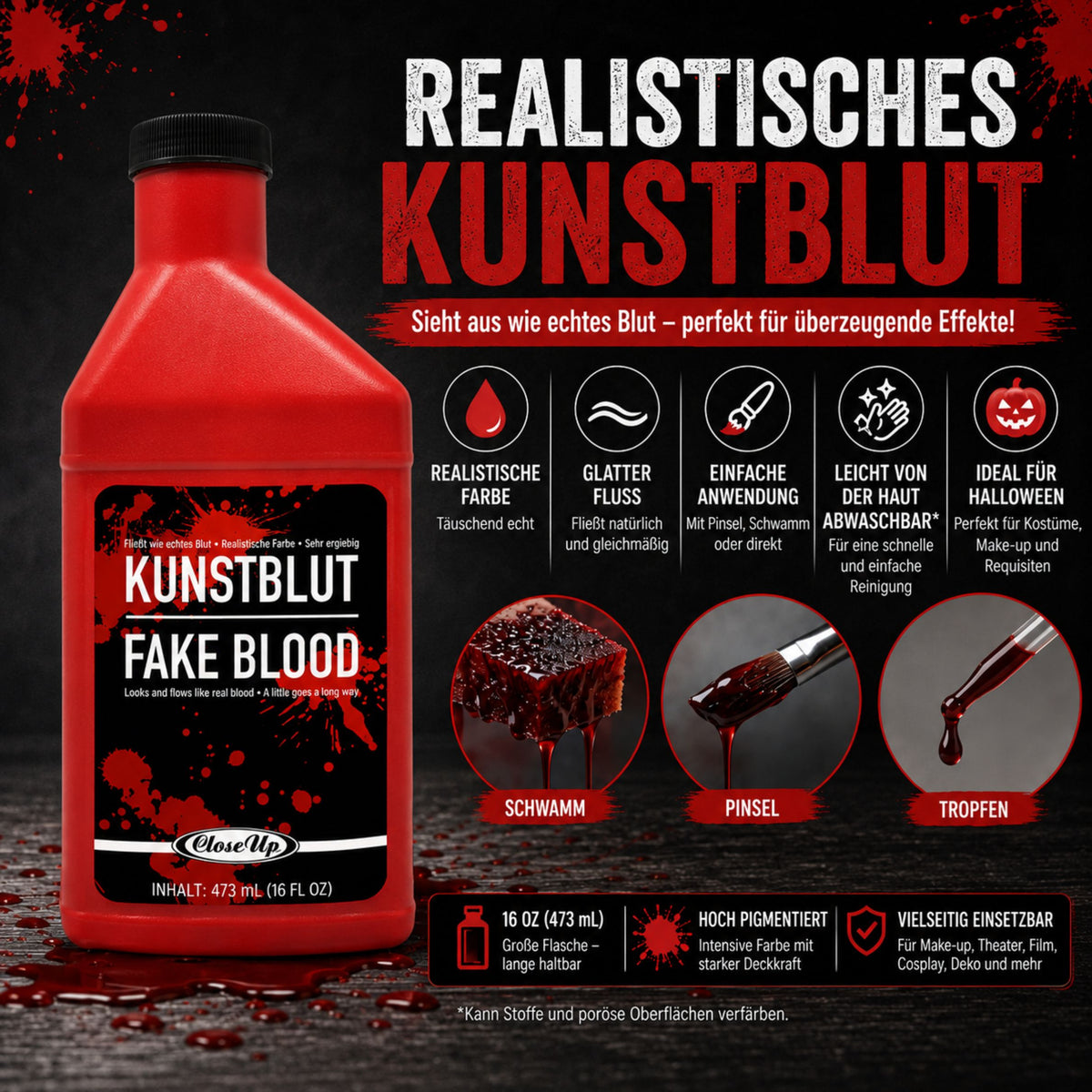 Flasche Kunstblut Theater-Blut Filmblut rot 473 ml, Halloween