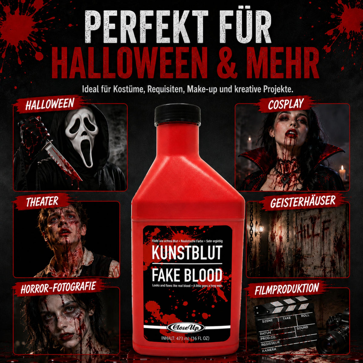 Flasche Kunstblut Theater-Blut Filmblut rot 473 ml, Halloween