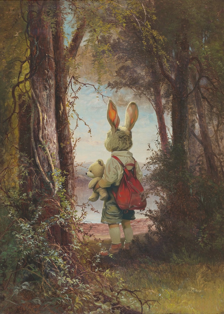 Figur mit Hasenkopf, rotem Rucksack und Teddybär in einem gemalten Wald