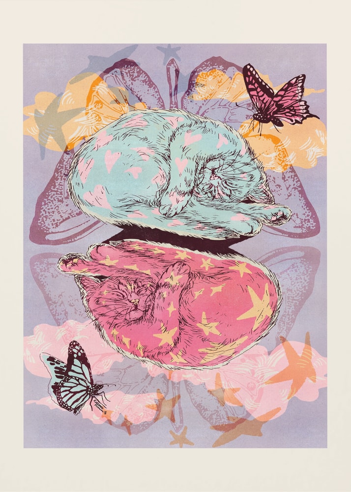 Illustration zweier schlafender Katzen in Mint und Pink mit Schmetterlingen und Sternen