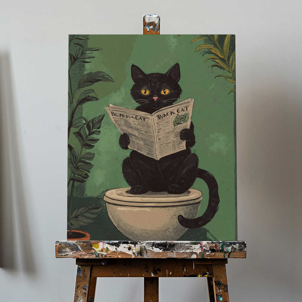 Cat Reading A Newspaper On A Toilet